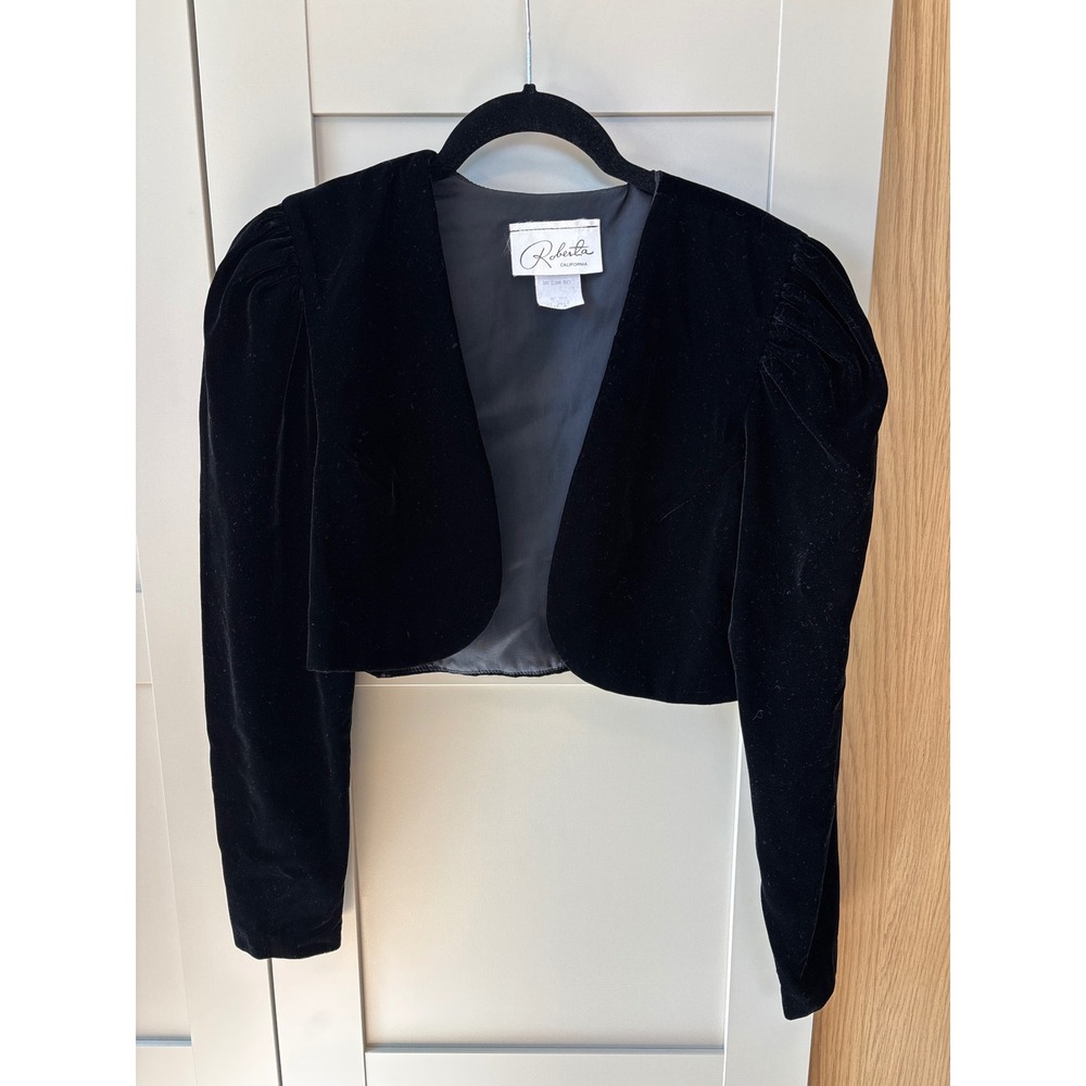 Roberta California Vintage Black Velvet Cropped Bolero Jacket Puff Sleeve Medium